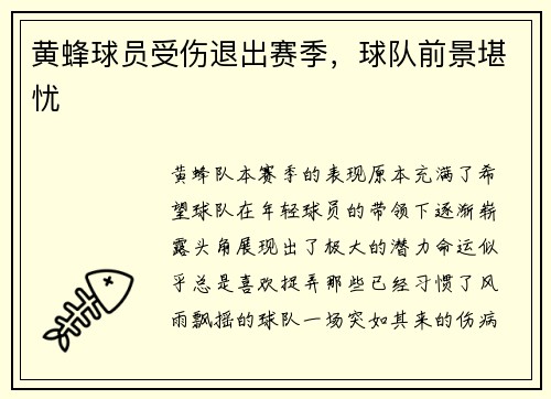 黄蜂球员受伤退出赛季，球队前景堪忧