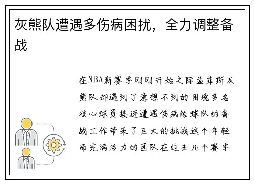 灰熊队遭遇多伤病困扰，全力调整备战
