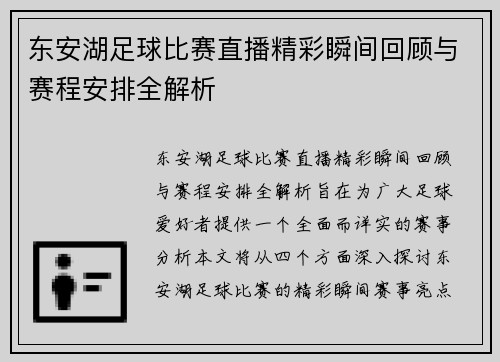东安湖足球比赛直播精彩瞬间回顾与赛程安排全解析